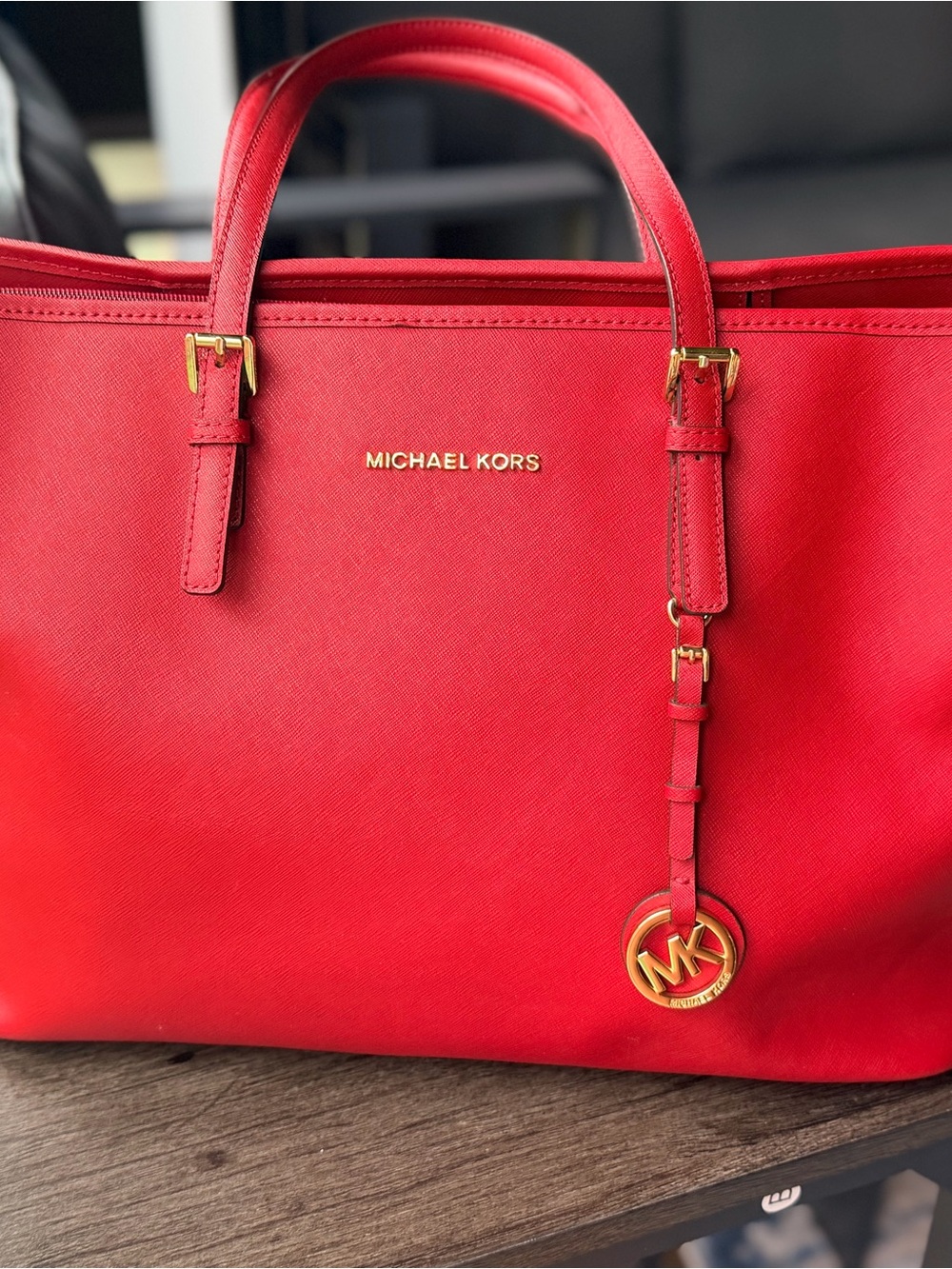 Michael Kors Bright Red Saffiano Tote with Gold Hardware